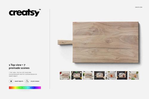 Rectangular wooden board mockup shown from above, featuring natural wood grain and a side handle on white.