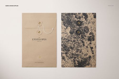 Mockup of C5 format string envelopes, one solid brown and one textured black, arranged on a light background.