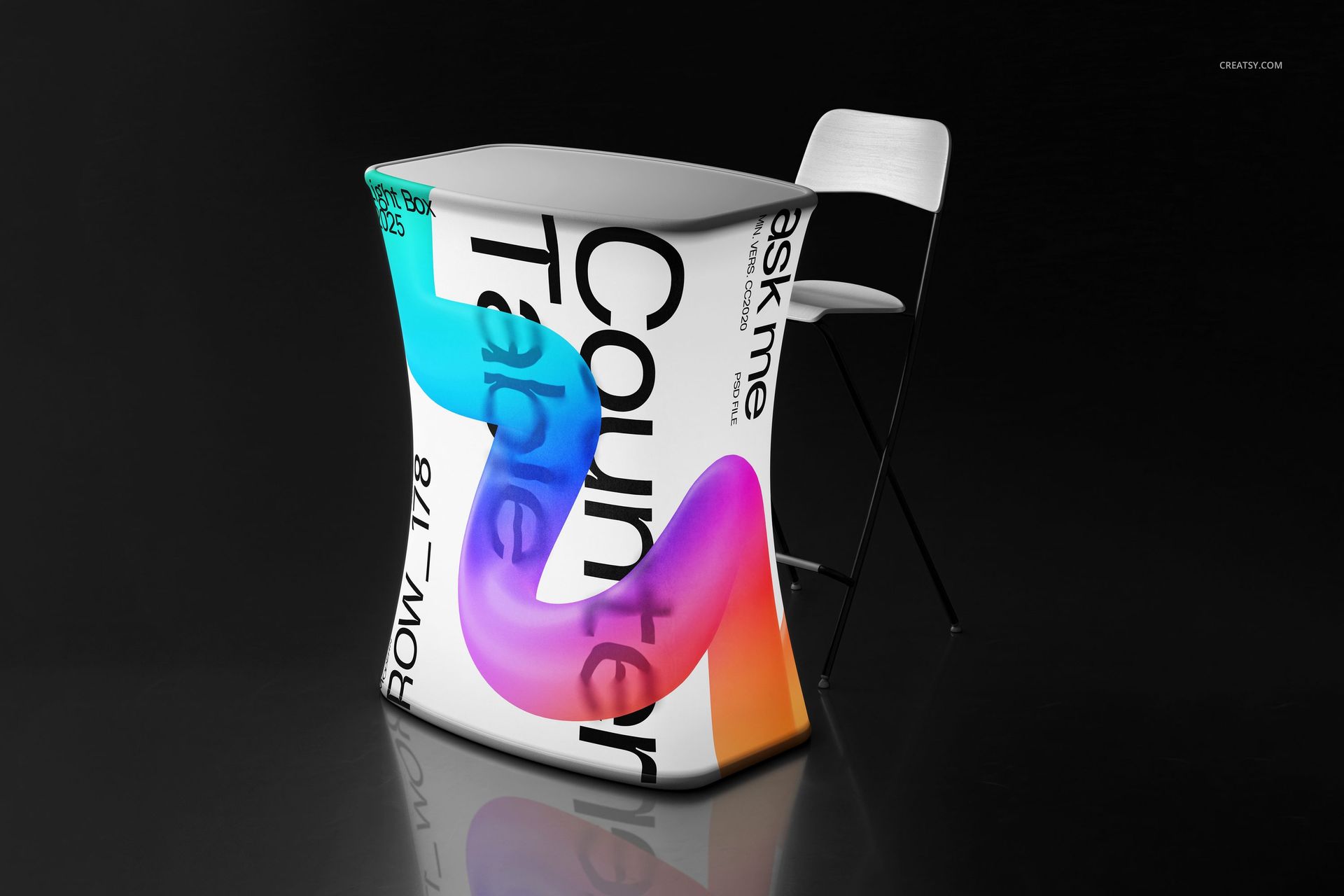 Front view of a curved tension-fabric counter mockup with vibrant graphics and a white bar stool on a dark background.