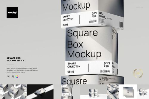 Front perspective of square box mockup set showing monochrome packaging with bold lettering and subtle shadows.