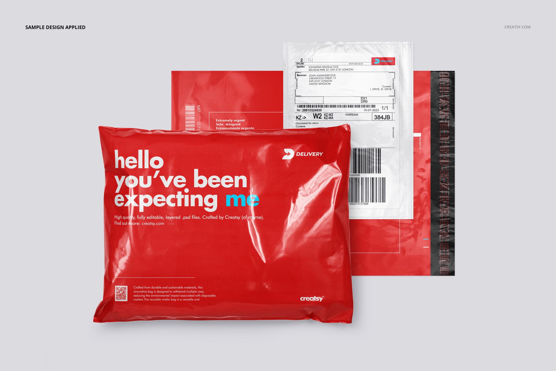 Poly mailer mockup set featuring red, white, and clear mailing bags displayed side by side on a neutral surface.