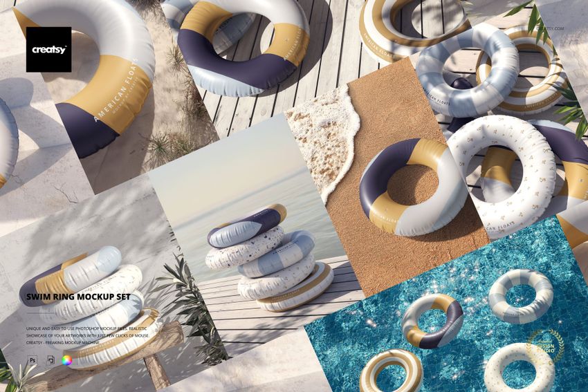 PSD mockup set featuring multiple swim rings in beige, white, and blue tones arranged on sand, deck, and water surfaces.