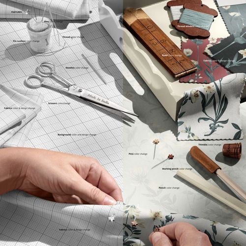 Tailor’s hands working with light jersey fabric, scissors and sewing tools on a grid-patterned surface, close-up mockup.