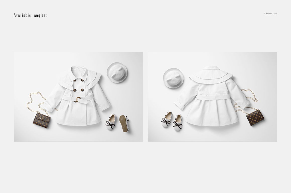 Front and back views of a white baby coat mockup, styled with a hat, shoes, and purse on a clean, neutral surface.