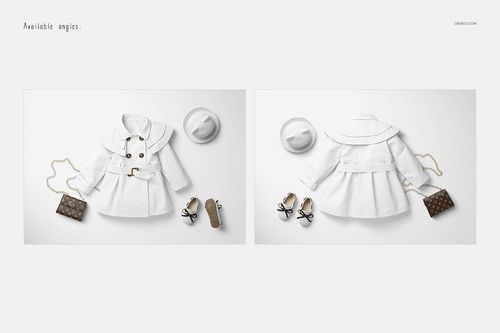 Front and back views of a white baby coat mockup, styled with a hat, shoes, and purse on a clean, neutral surface.