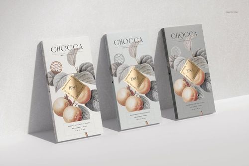 Three chocolate bar packaging mockups displayed upright, featuring fruit illustrations and neutral color backgrounds.