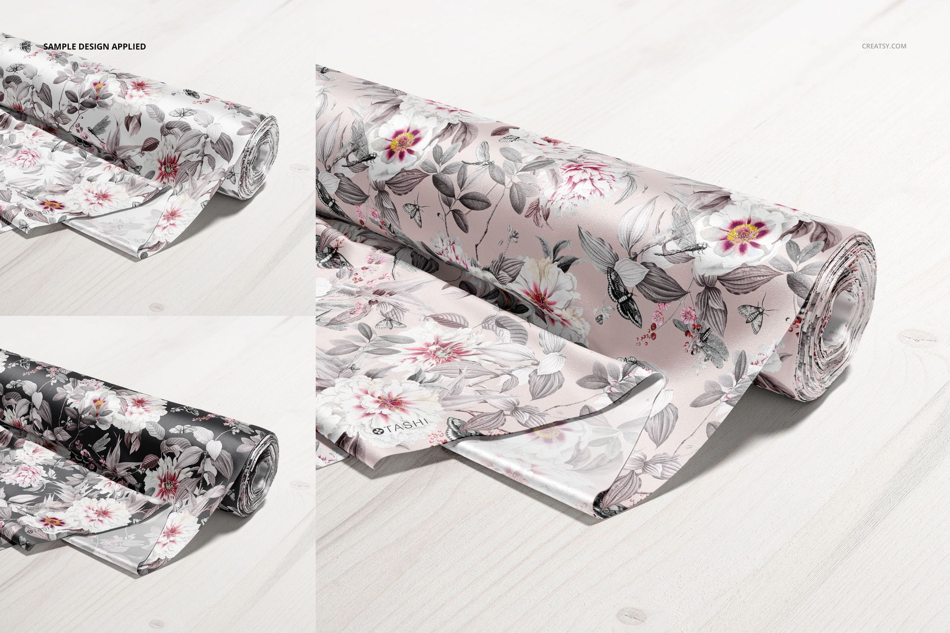 Satin fabric roll mockup featuring a botanical design in soft pinks and grays, shown from a front angle on wood.