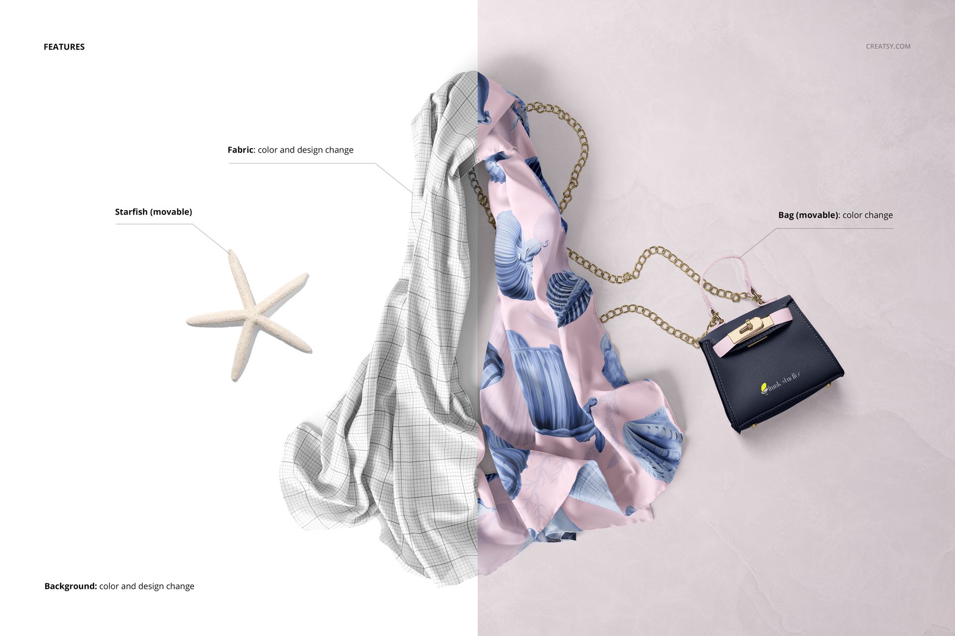 PSD mockup showing a chiffon silk scarf with blue abstract design, placed next to a dark handbag and starfish, top perspective.