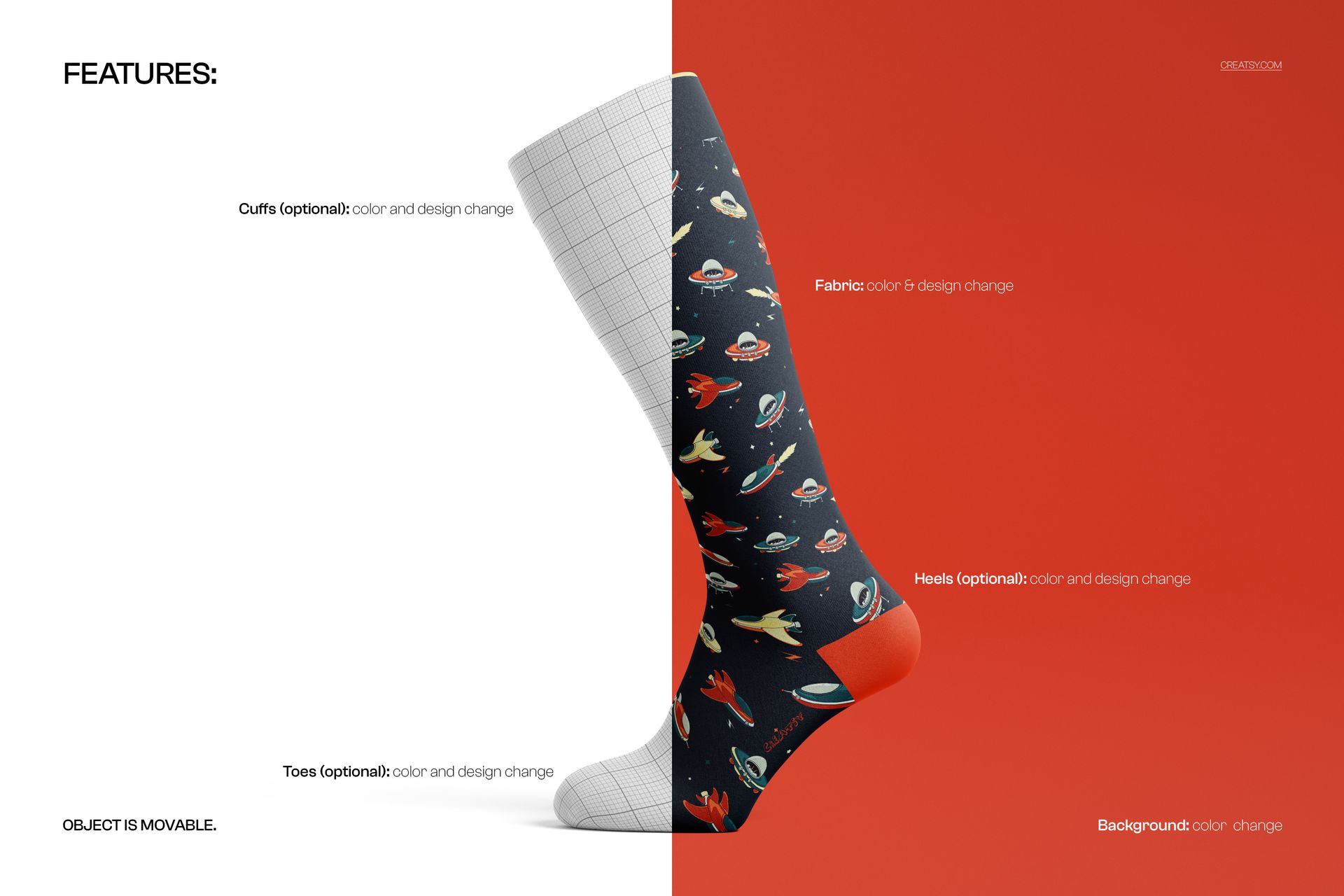 Over the calf sock mockup showing a split design with one side in a space pattern and the other in a grid template.