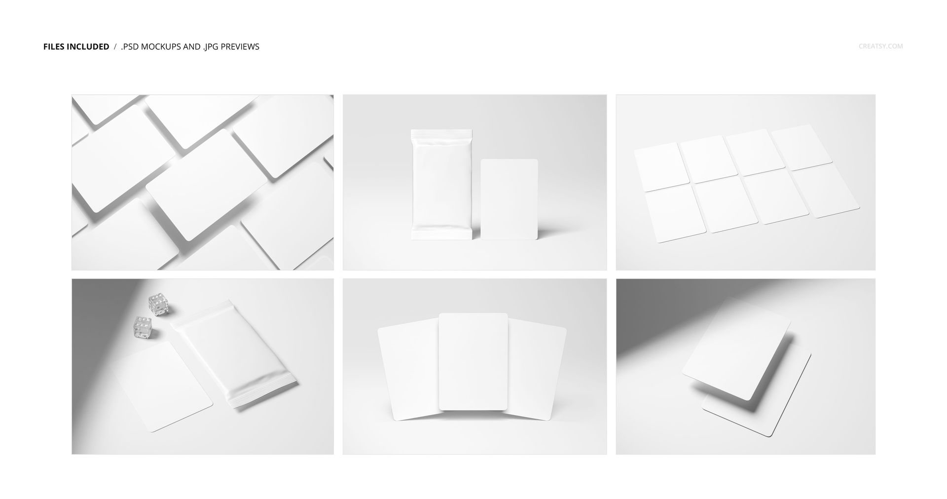 Set of blank trading cards and packaging mockups displayed on a white background, shown from various angles.