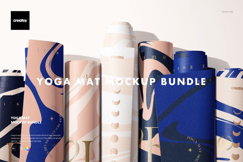 Front view of several rolled yoga mats with textured surfaces and colorful abstract patterns, PSD mockup scene.