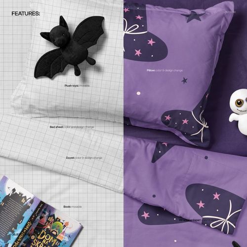 Children’s bedding set mockup with purple pillow and duvet, Halloween motifs, plush bat and ghost toys, and books.