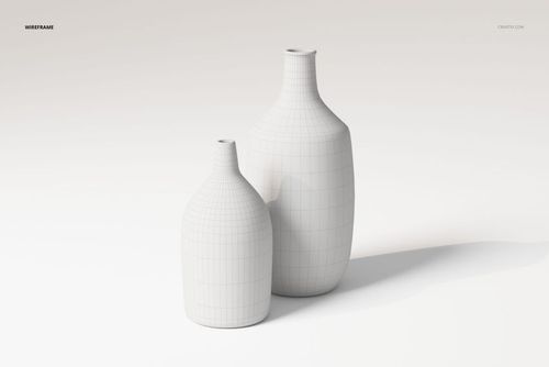 Front view of two decorative ceramic flower vases in white, featuring a wireframe mesh design on a plain background.