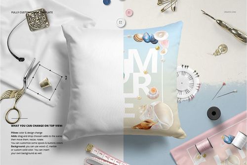 Square polyester throw pillow mockup shown in top view, with half solid white and half custom seashell design, surrounded by sewing tools.