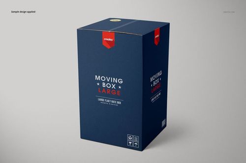PSD mockup showing a cardboard moving box in navy blue with printed graphics and icons, displayed at an angle.
