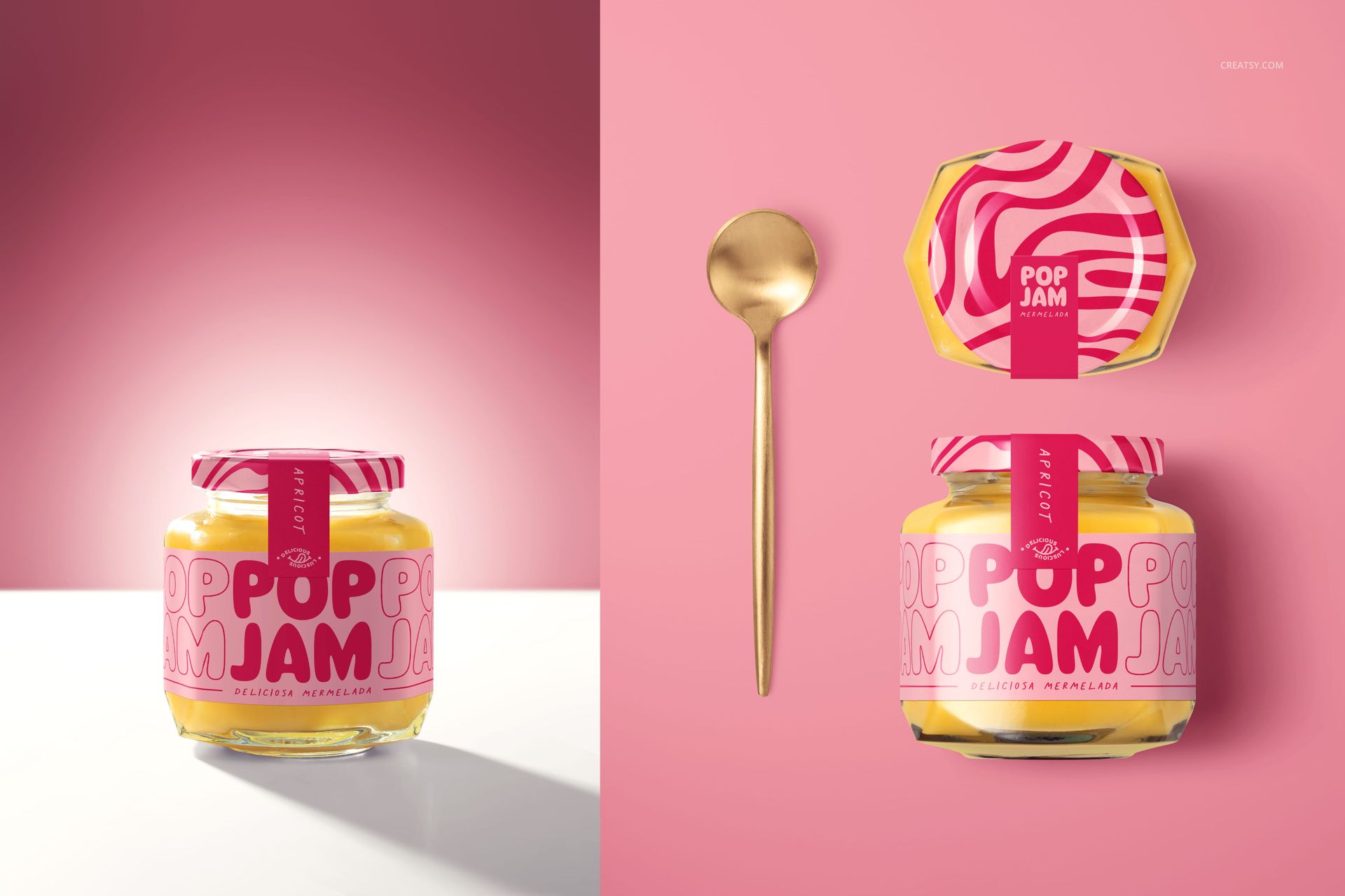 Front and top view of a glass jam jar with pink label design, gold spoon, and pink background in a mockup scene.