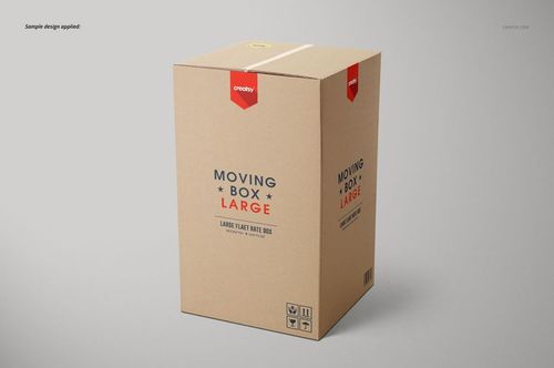 Single cardboard moving box mockup shown from an angled front perspective, featuring simple printed graphics.