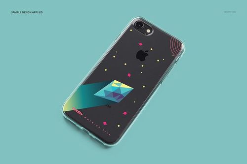 PSD mockup of an iPhone 8 clear case with abstract artwork and colorful accents, presented in a top-down perspective.