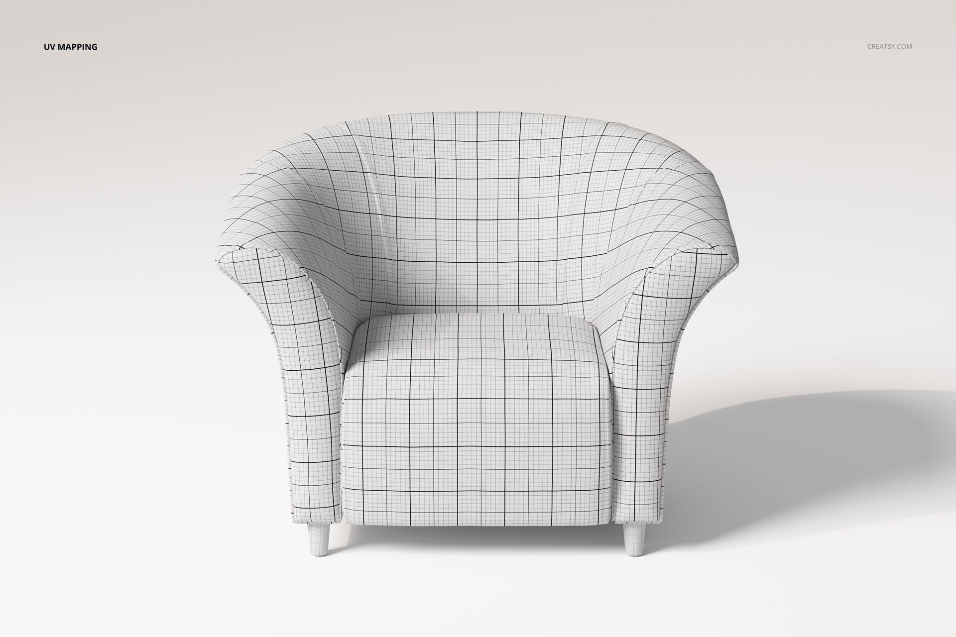 High back tub chair with flared armrests, shown from a front angle, covered in a white grid pattern for UV mapping.