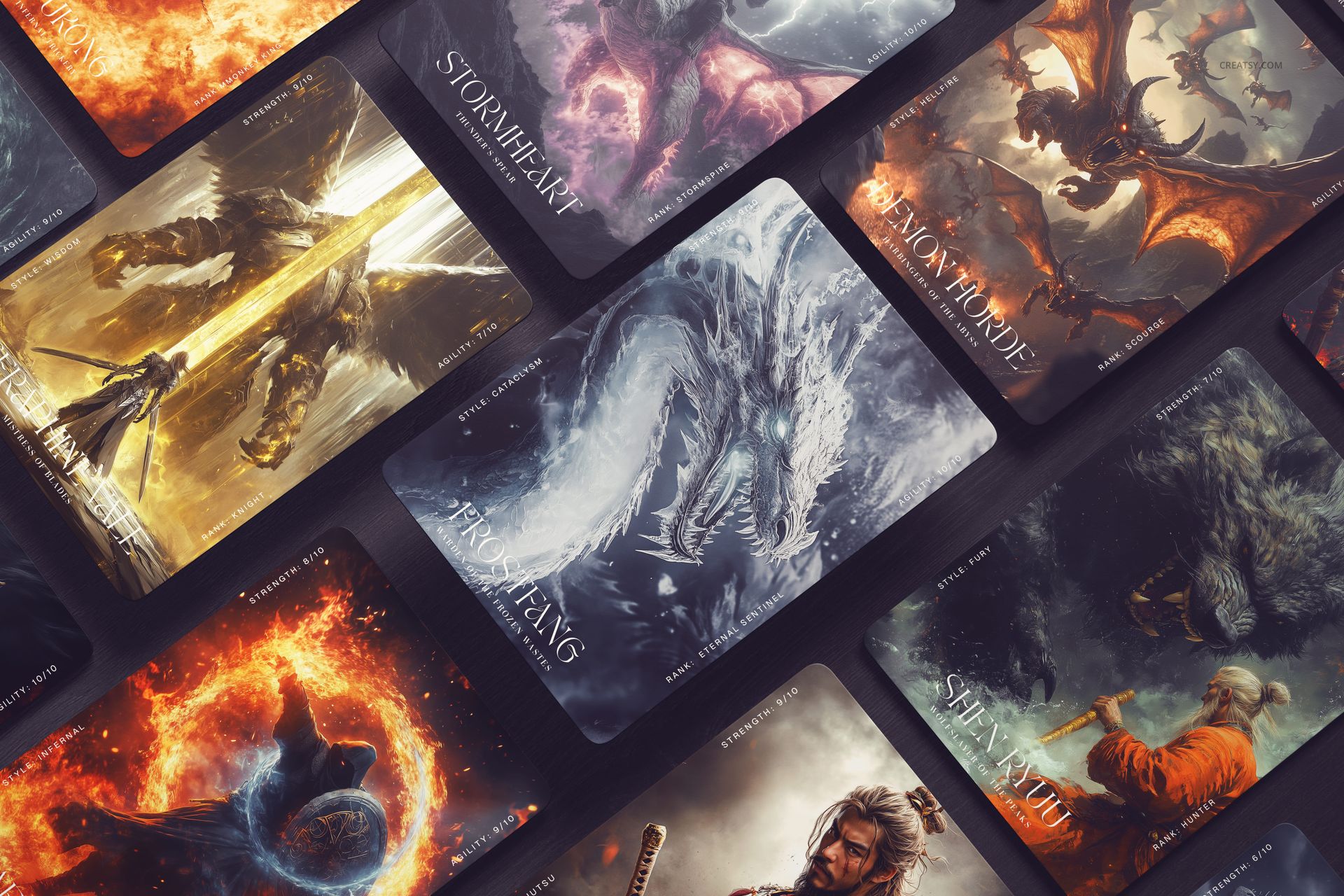Trading cards arranged in a diagonal layout, featuring fantasy artwork with dragons, warriors, and mystical creatures.