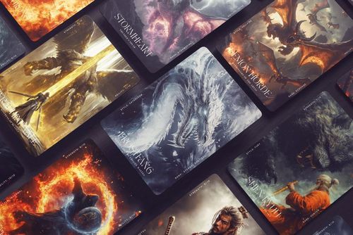Trading cards arranged in a diagonal layout, featuring fantasy artwork with dragons, warriors, and mystical creatures.