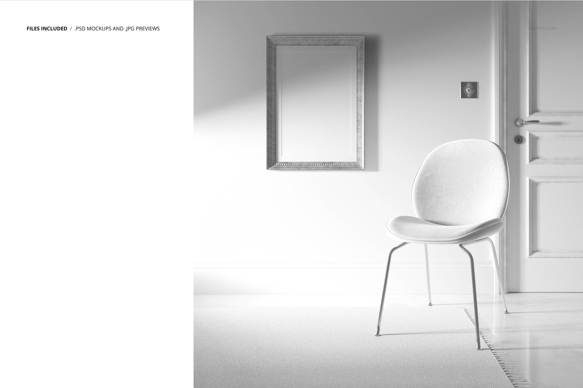 Minimalist interior scene with a white chair and framed wall art, neutral tones, front view, PSD mockup setting.