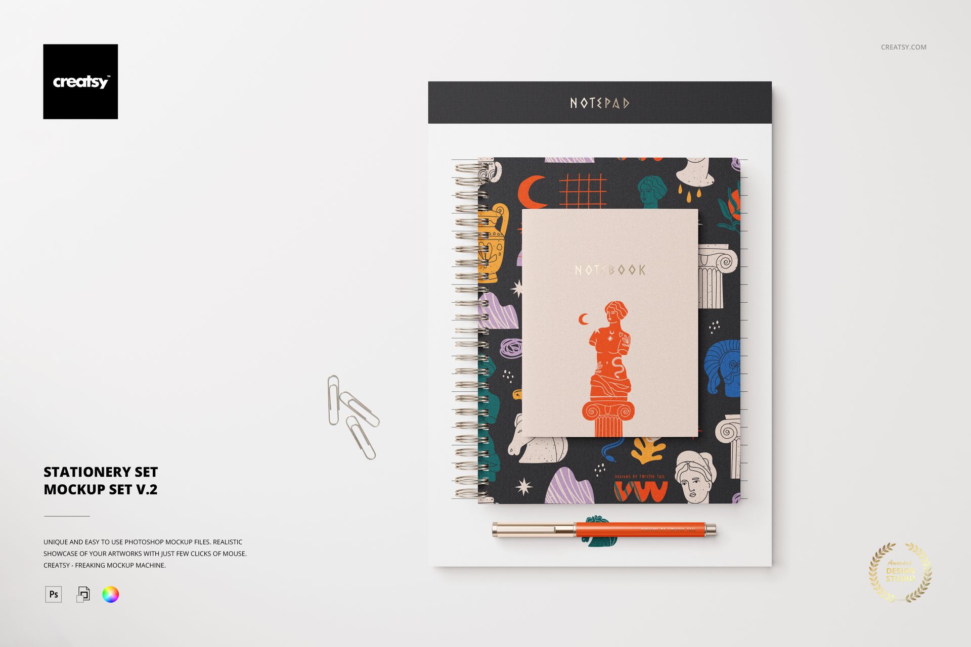 Stationery set mockup featuring a spiral notepad and patterned notebook on a white surface with paper clips.