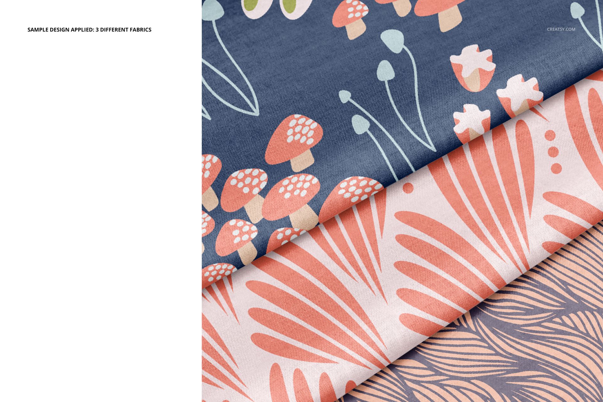 Cotton fabric mockup set displaying three folded textiles with varied nature-inspired prints and soft colors.