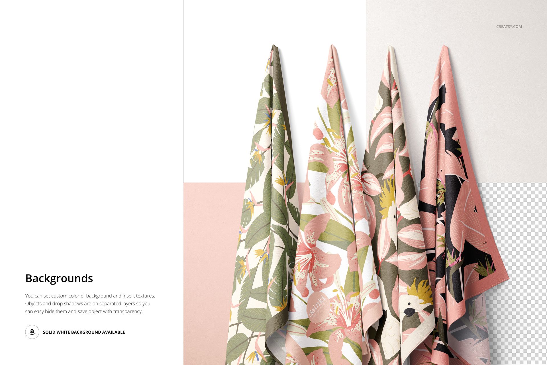 PSD mockup displaying four textile samples with floral prints, draped against a white and transparent background.