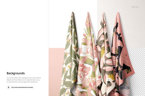 PSD mockup displaying four textile samples with floral prints, draped against a white and transparent background.