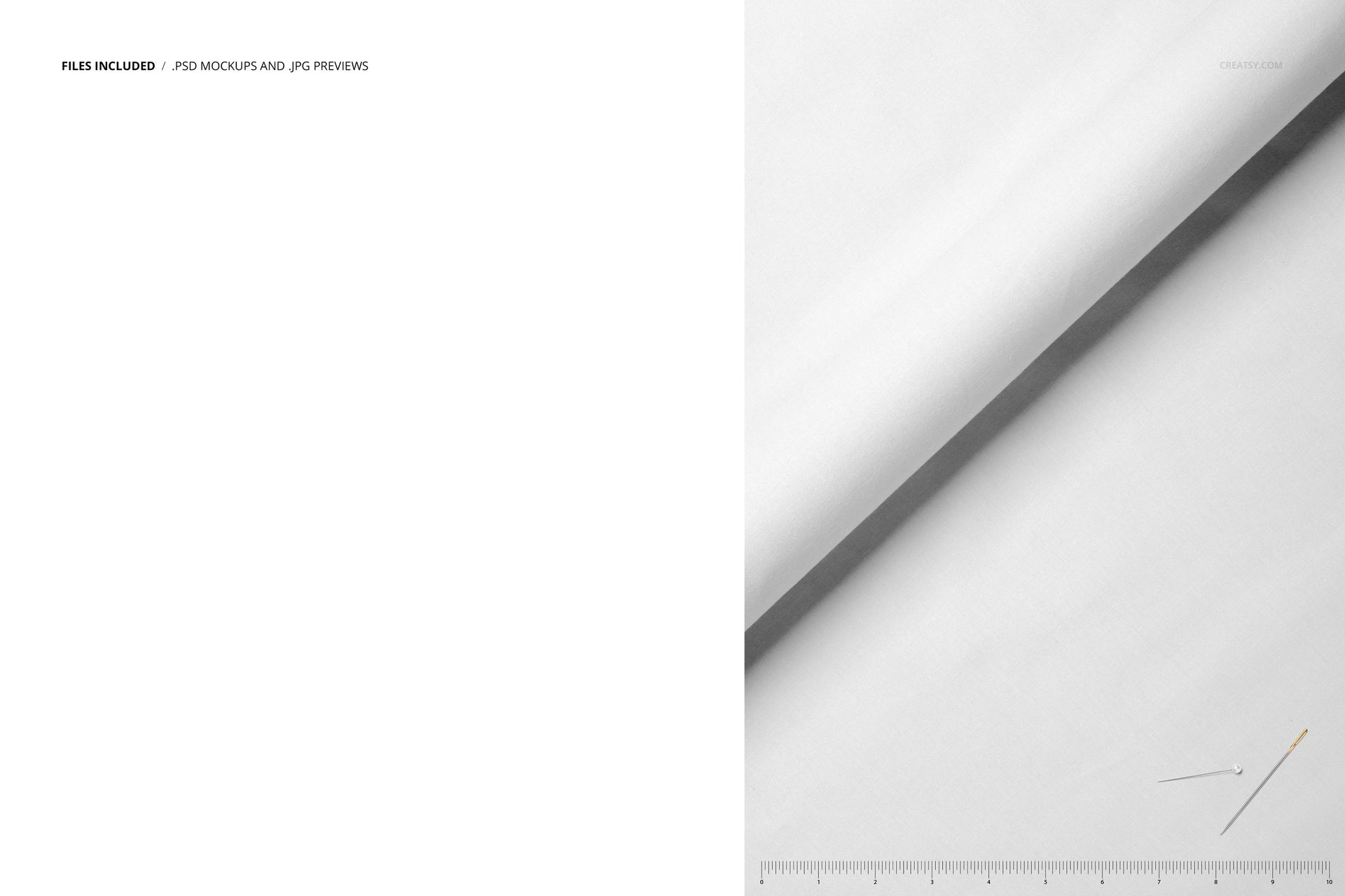 Close-up view of white cotton fabric mockup with subtle shadows, showing folded edge and ruler for scale.