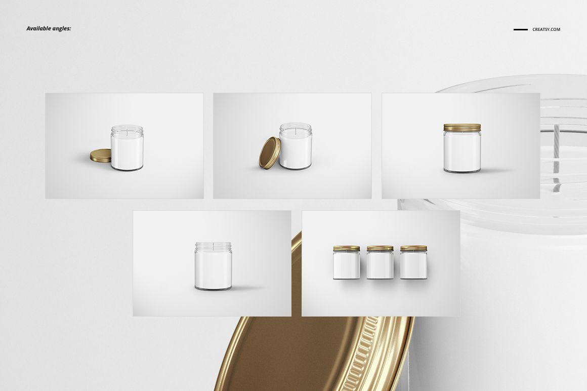 Front and top views of clear glass jar candles with gold lids displayed on a white background, mockup set.