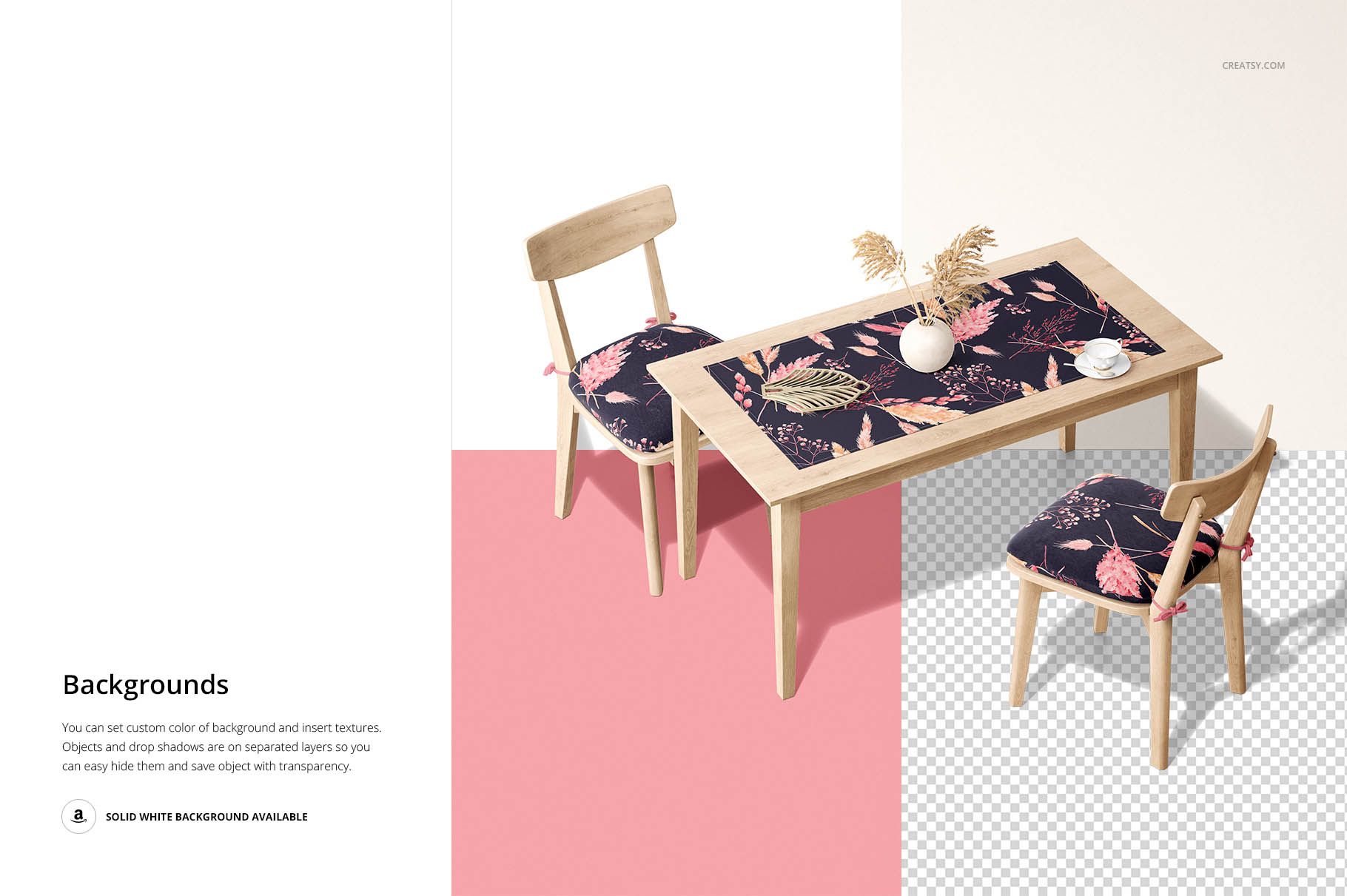 Table runner mockup featuring a botanical design on a light wood table, accompanied by matching cushioned chairs.