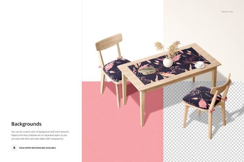 Table runner mockup featuring a botanical design on a light wood table, accompanied by matching cushioned chairs.