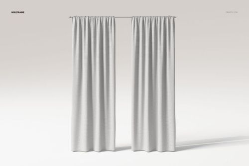 Front view of two white curtains with weighted hems hanging against a plain light background, minimal scene.
