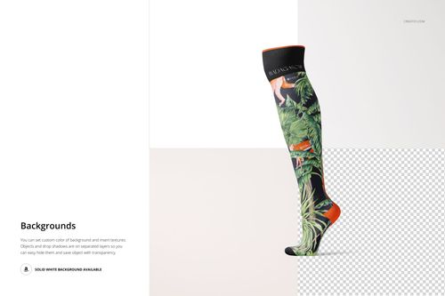 Knee high sock mockup featuring a tropical leaf and bird pattern, displayed in side view on a split white and transparent background.