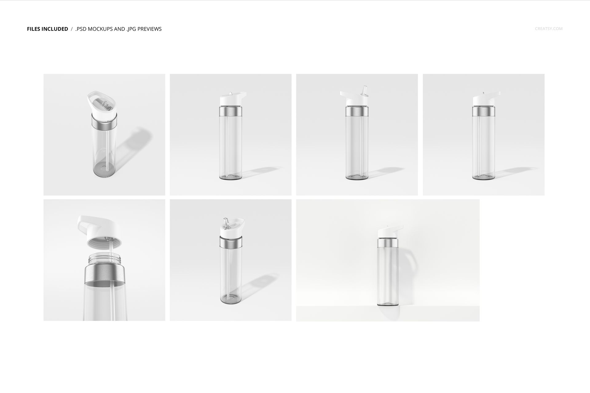 Set of transparent acrylic water bottles with white caps displayed in multiple mockup perspectives on a white surface.