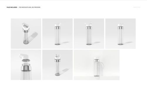 Set of transparent acrylic water bottles with white caps displayed in multiple mockup perspectives on a white surface.