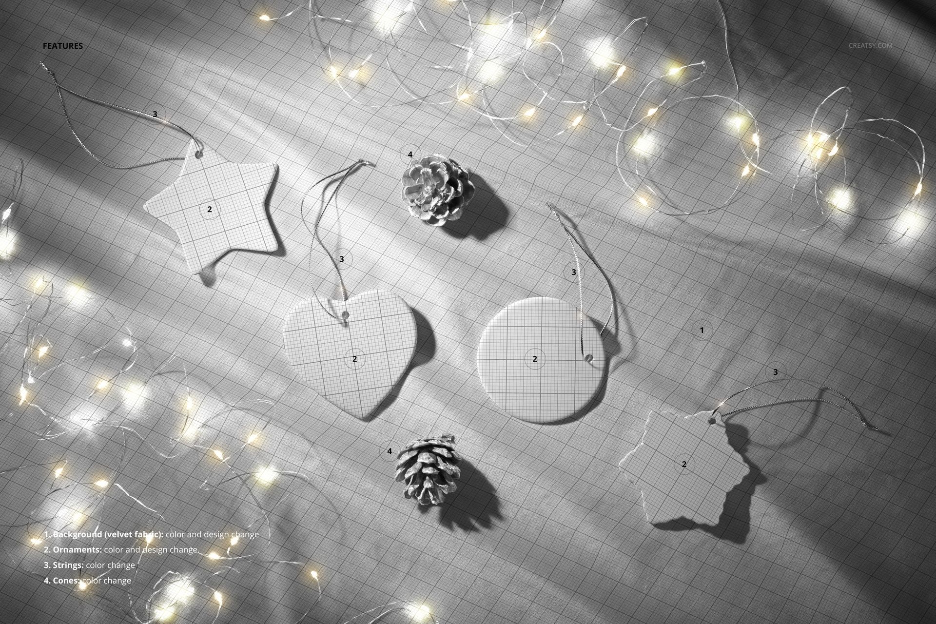 Christmas ceramic ornament PSD mockup featuring star, heart, circle, and tree shapes arranged with festive lights and pinecones.