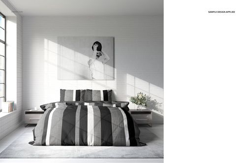 Double bed bedding mockup displaying vertical stripes in neutral colors, with bedside tables and a large window.