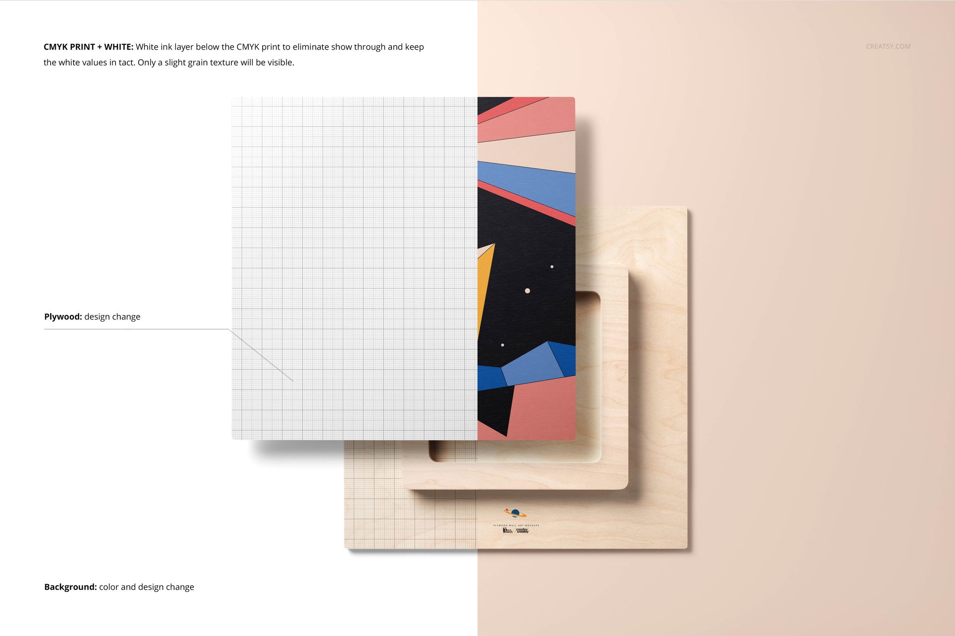 Front view of plywood wall art mockup set showing a geometric print, grid overlay, and natural wood textures.