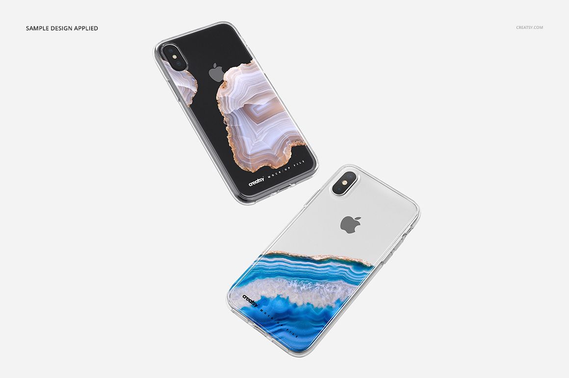 iPhone X clear case PSD mockup set showing silver phones with mineral-inspired patterns on a white background.