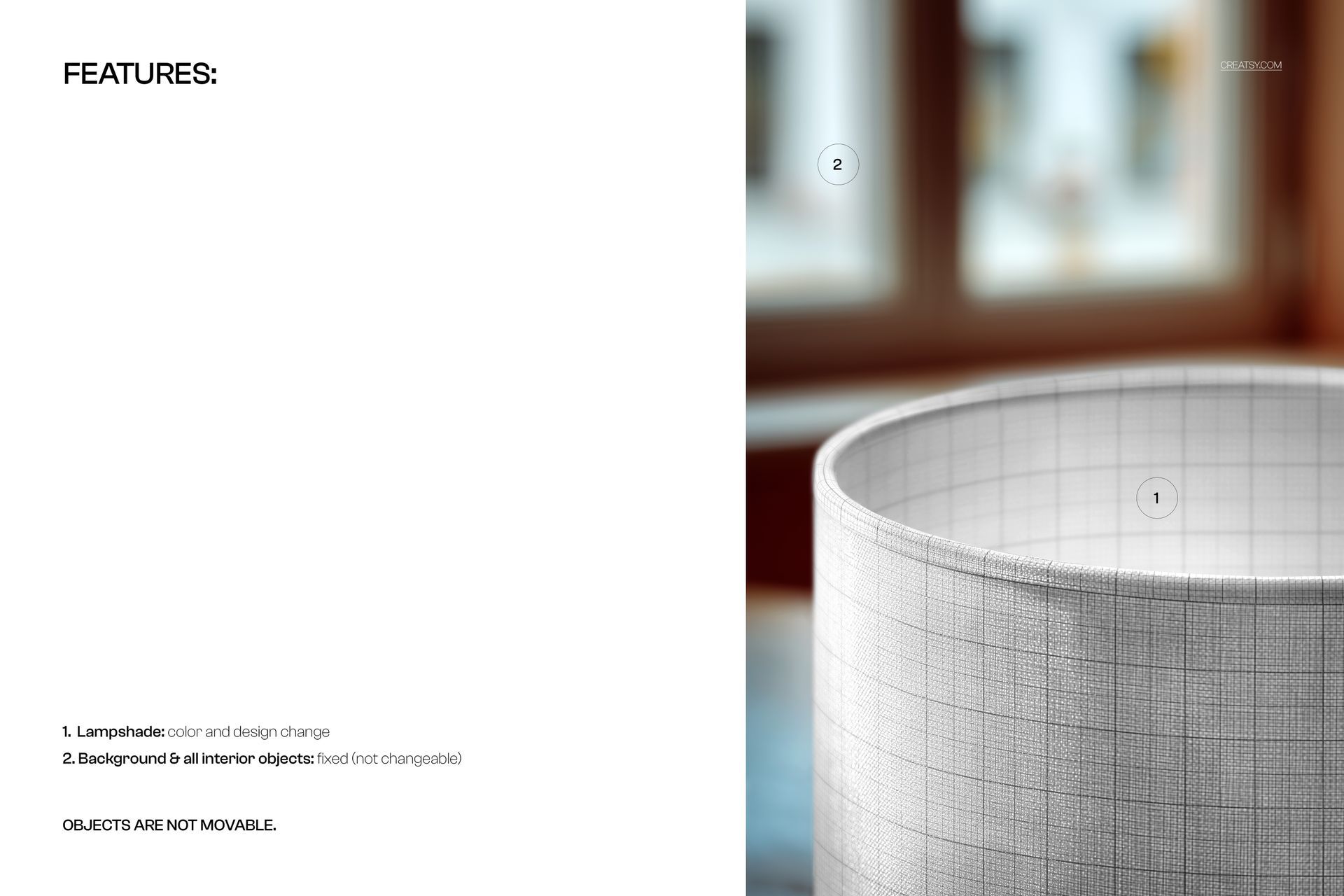 Close-up of a cylindrical lampshade mockup with piped edge and grid texture, positioned in a softly lit room.