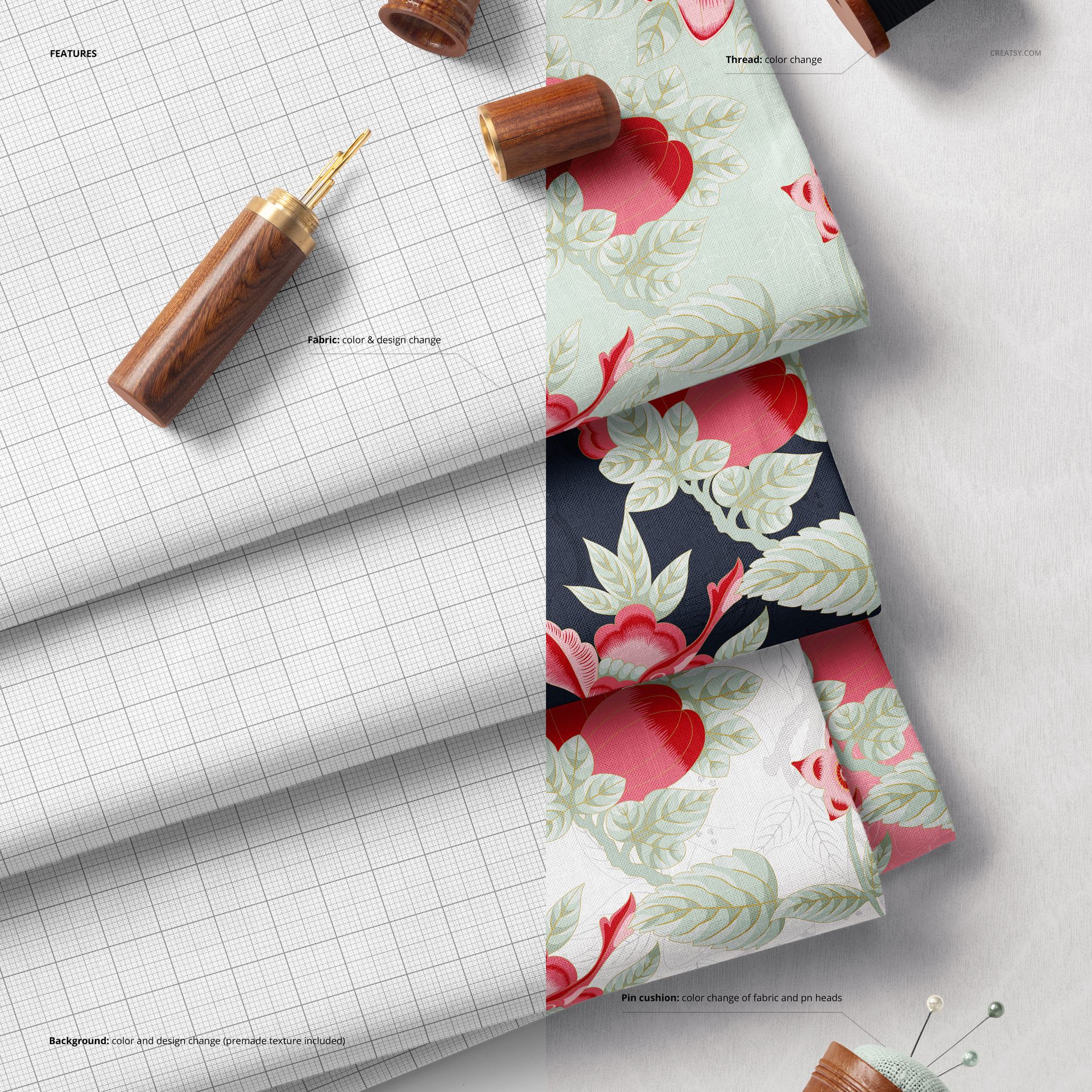 Stacked cotton fabric mockup showing folded textiles with grid and floral patterns, viewed from above.