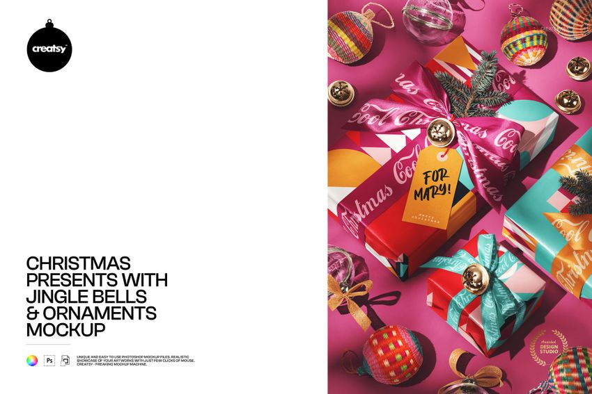 Christmas PSD mockup featuring several gift boxes decorated with shiny bows, jingle bells, and assorted ornaments.