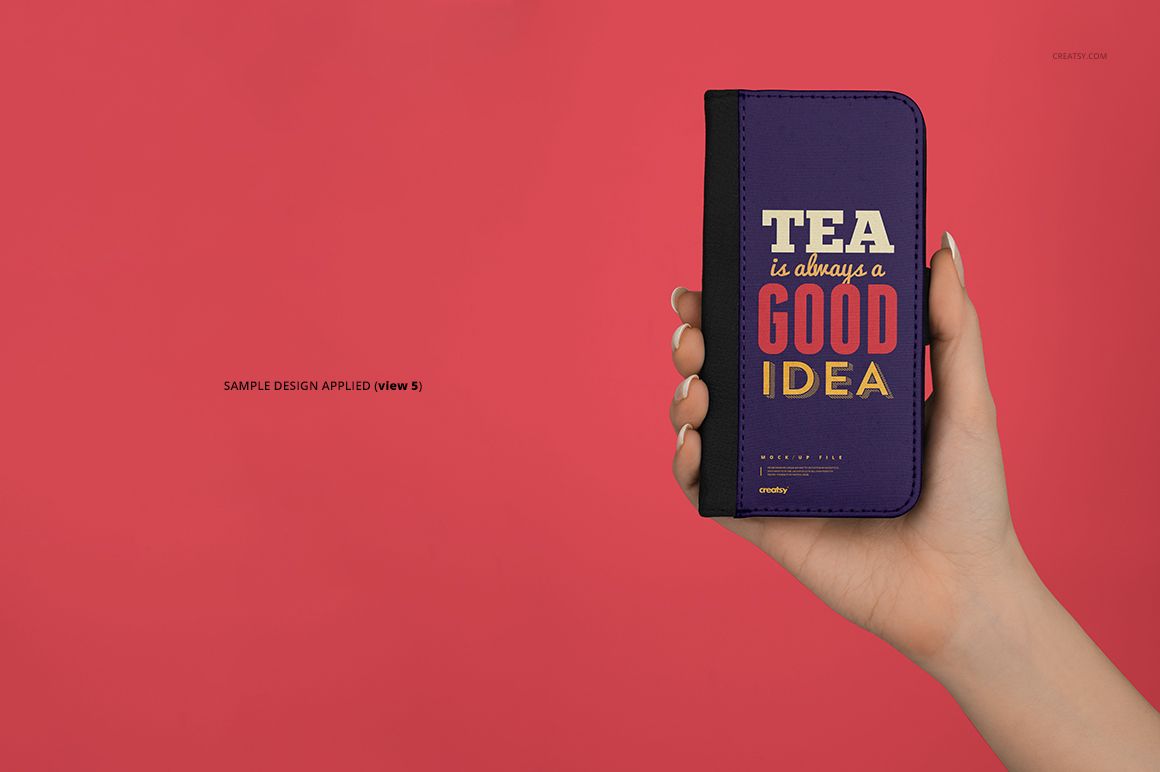 Foldable iPhone X case mockup held in a hand, featuring a purple front with bold text design, on a red background.
