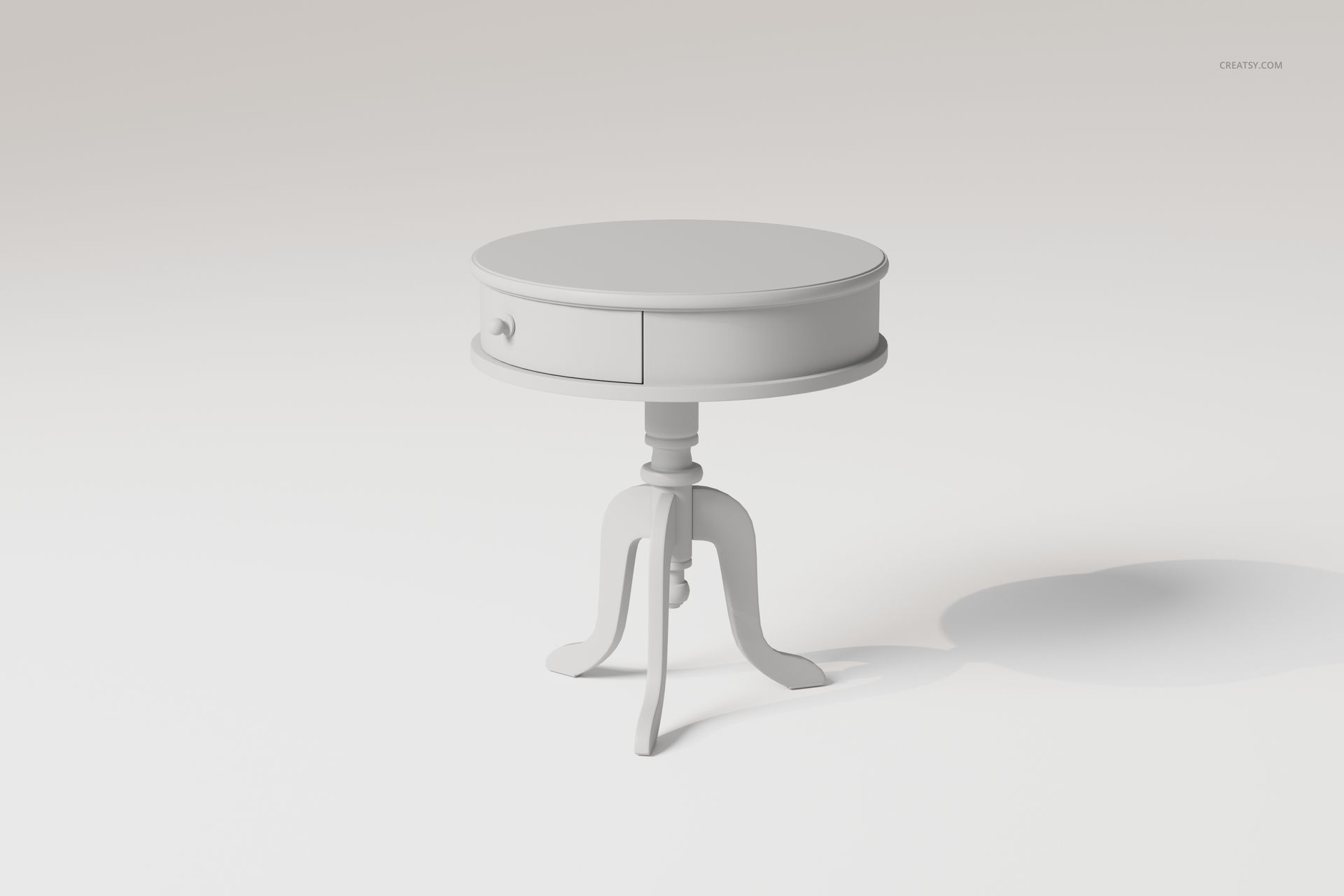 Round vintage style bedside table with a single drawer, shown in a minimalist white scene with soft shadows.