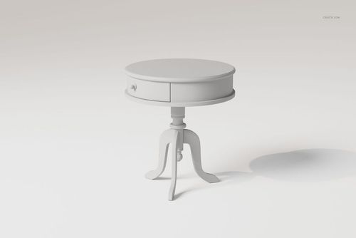 Round vintage style bedside table with a single drawer, shown in a minimalist white scene with soft shadows.