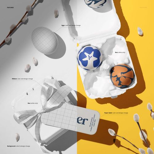 Easter egg PSD mockup featuring closed and open white boxes, colorful eggs, ribbon, paper label, and catkin branches.