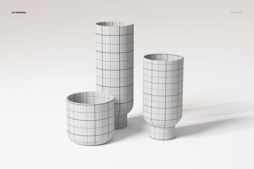 Three stoneware vase 3D models with grid texture, shown from a front angle on a light neutral background.